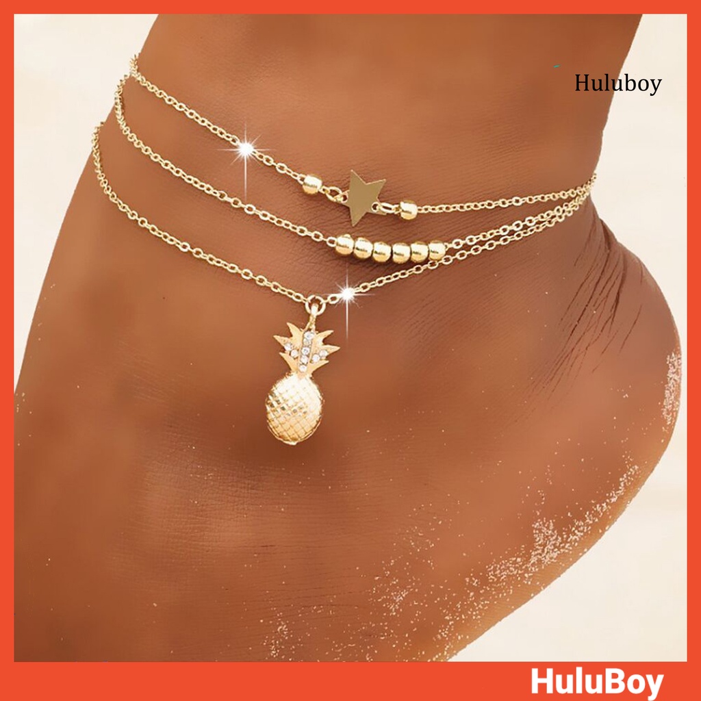 Set 2 Lắc Chân Hợp Kim Nhiều Lớp Đính Hạt Ngọc Trai / Ngôi Sao / Quả Dứa Thời Trang Đi Biển Cho Nữ