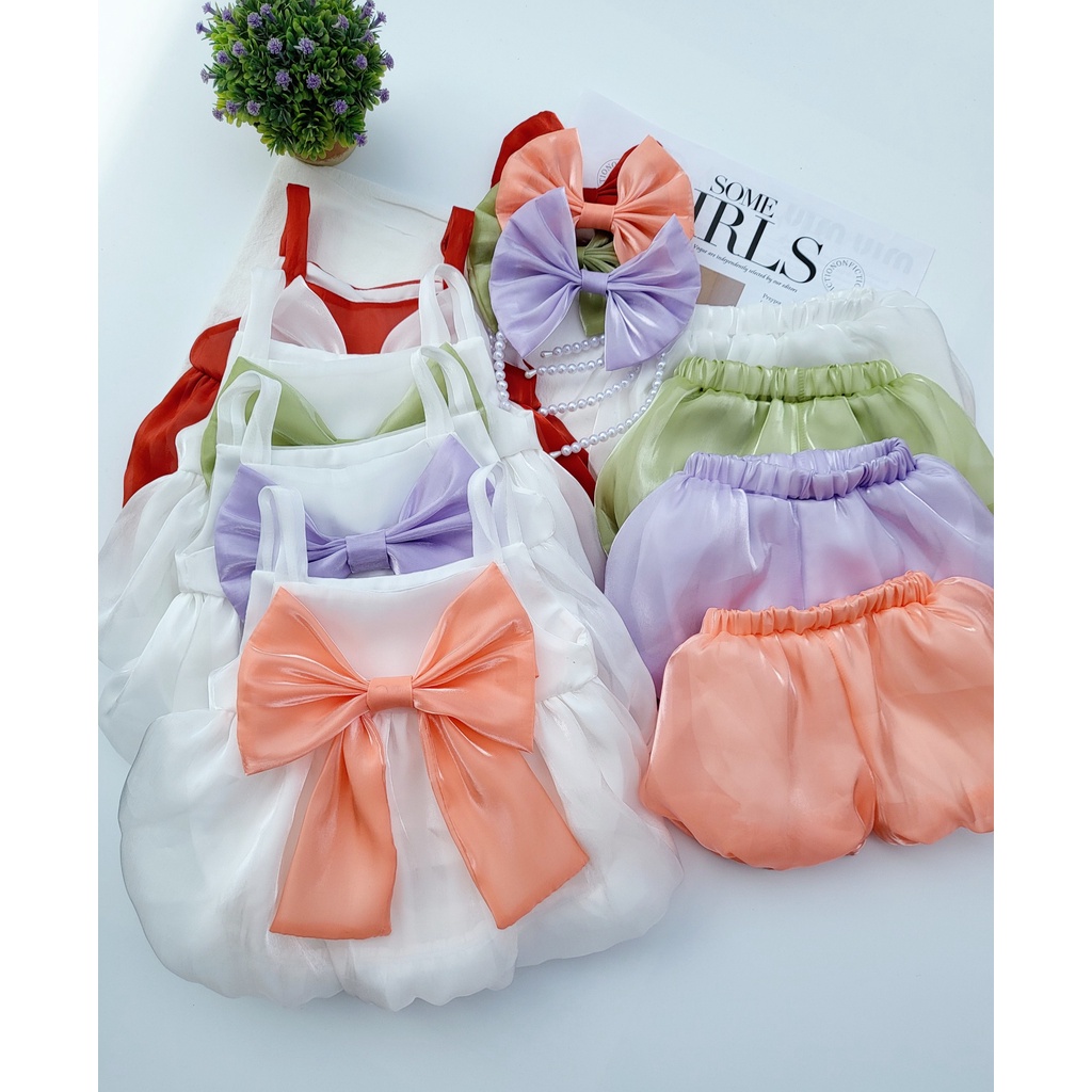 Sét bộ Đầm Yếm Vải Voan Oganza Mềm Mại + Quần Short kèm bườm tóc Dễ Thương Cho Bé sơ sinh đến 3 tuổi