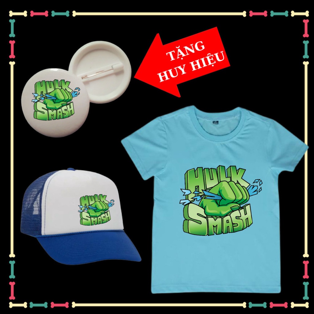Huy hiệu, Mũ lưỡi trai, Áo thun bé trai siêu nhận Hulk, nhiều màu sắc, đủ size áo từ 10kg đến 90kg.
