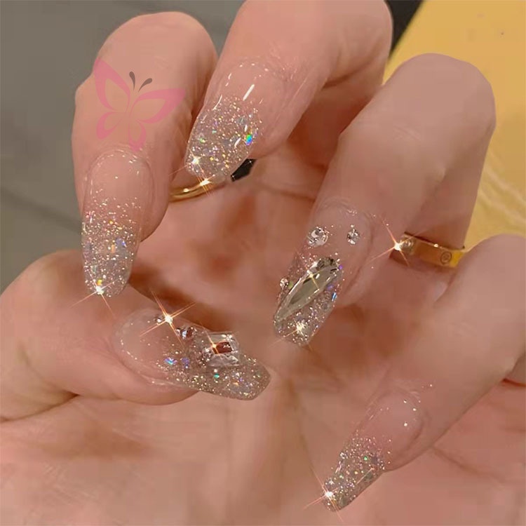 Bộ 24 móng tay Móng giả đính đá Anabeauty, Móng tay giả kèm keo nailbox đính đá cá tính Tay Giả Trang Trí Nghệ Thuật DIY ữ Kèm Keo Dán tiết kiệm thời gian đính ngọc trai nhân tạo và nơ bướm