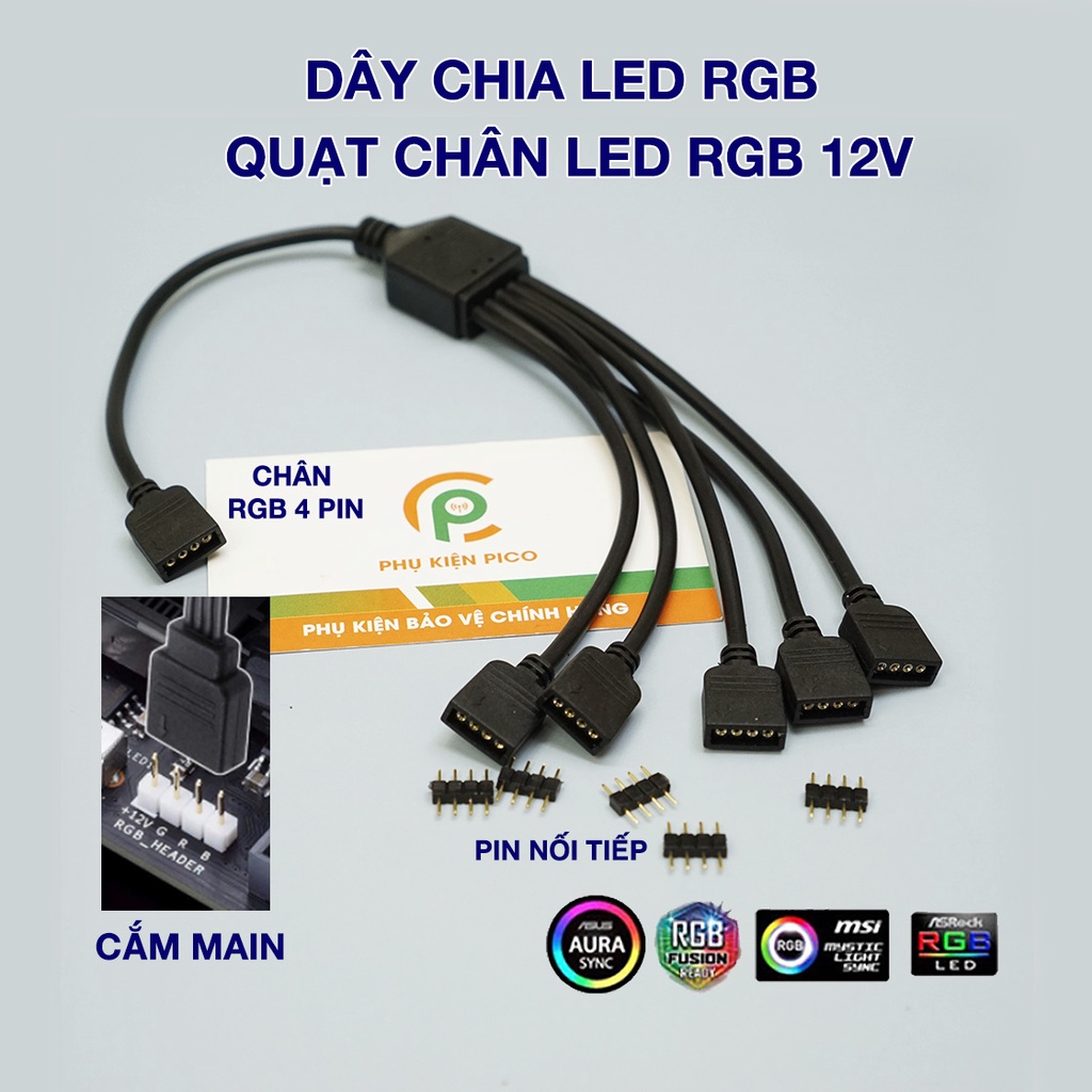 Dây chia cổng RGB 4pin loại 1 ra 1, 3, 5 kèm jump 2 đầu đực tương ứng với đầu chia