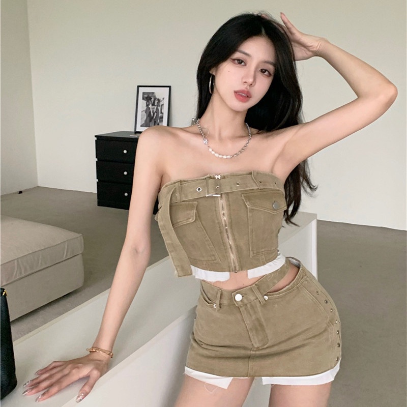 Bộ Áo Ống Và Chân Váy Denim Lưng Cao Thời Trang Mùa Hè Quyến Rũ Cho Nữ