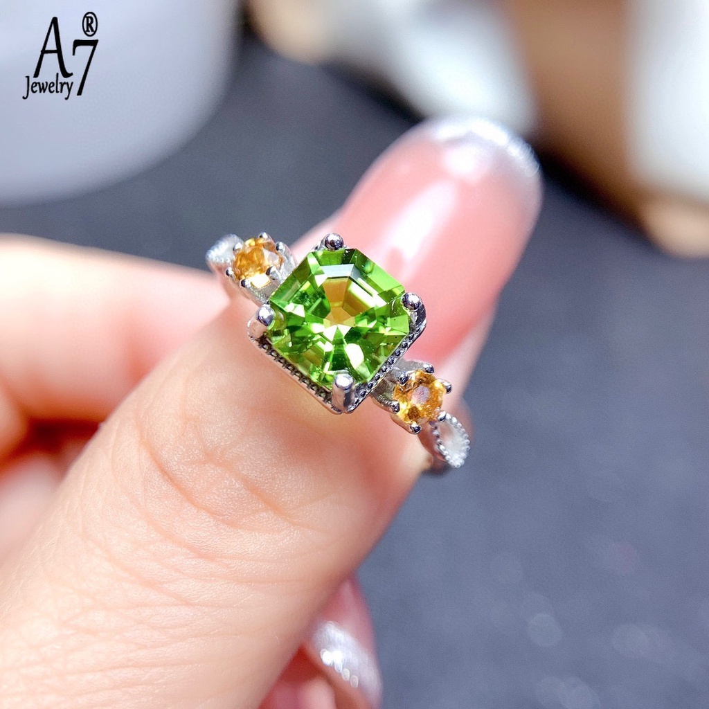 Nhẫn Hở Hình Vuông Đính Kim Cương Màu Xanh Ô Liu / Xanh Lá Cho Nữ X4