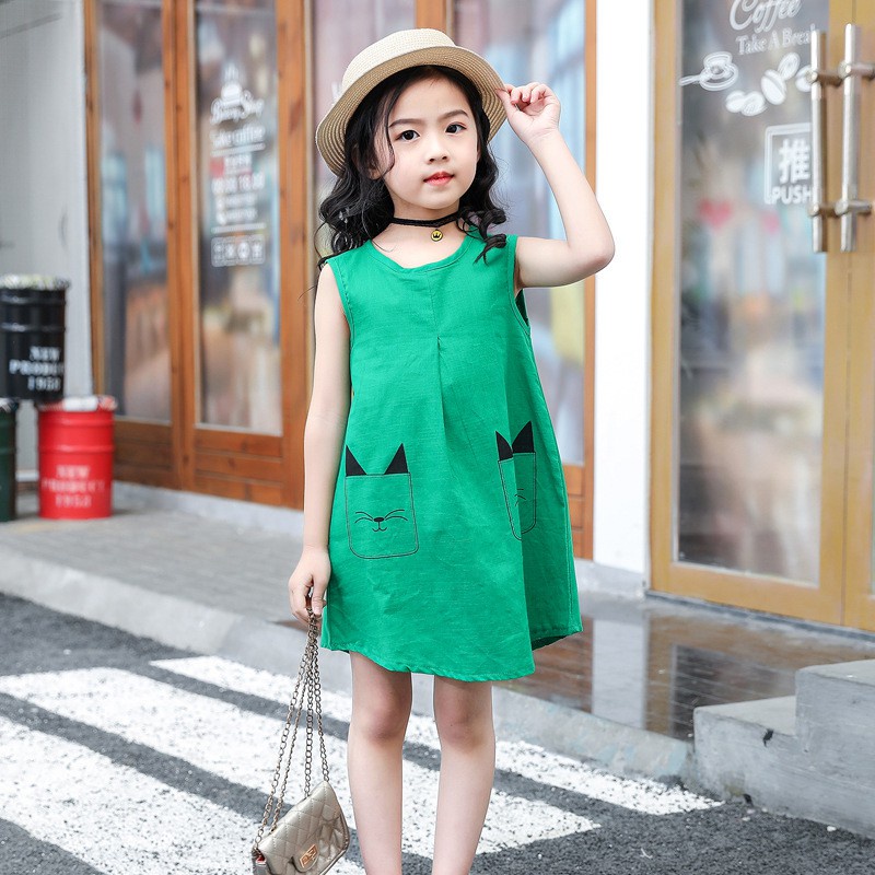 1-13 Years Girls Dresses Kids Summer Sleeveless Strap Dress Linen Solid Color Children Clothes Girl Casual Sundress