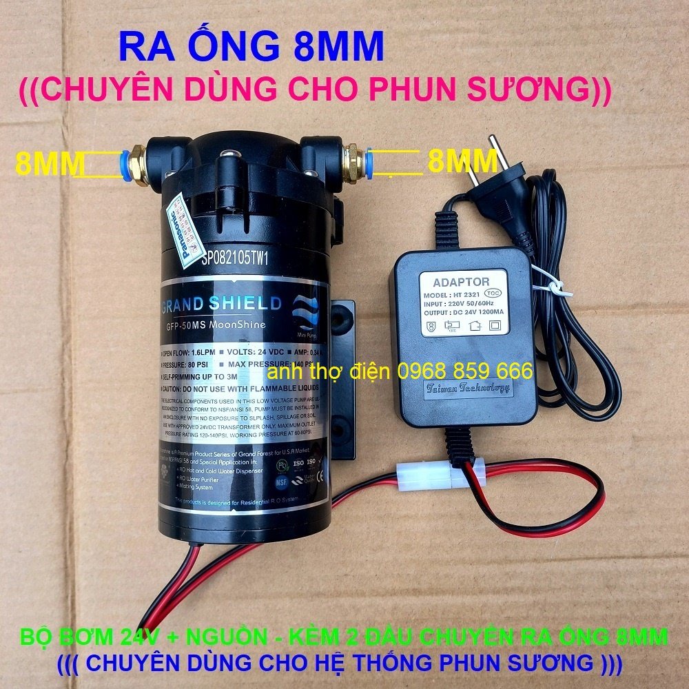 Bộ Bơm tăng áp 24v Grand Forest GFP 50 + nguồn 24v - dùng cho máy lọc nước RO và dàn phun sương
