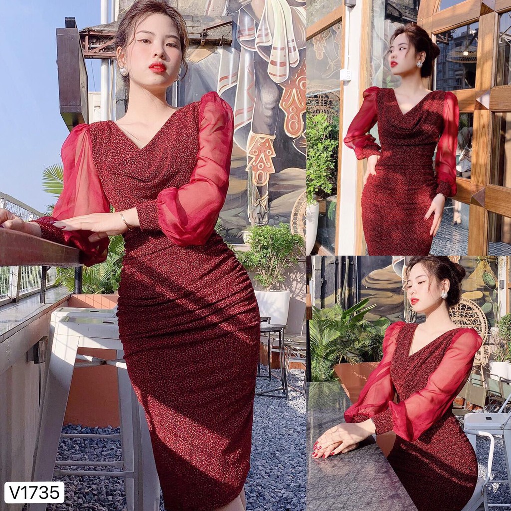 Váy ôm body dài tay cổ đổ chất nhũ co giãn màu đỏ size S, M, L, XL - DVC-maidieuhuyen V1735 MH