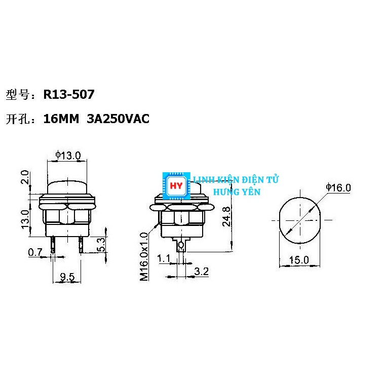 Công Tắc Nút Nhấn Nhả 2 Chân R13-507