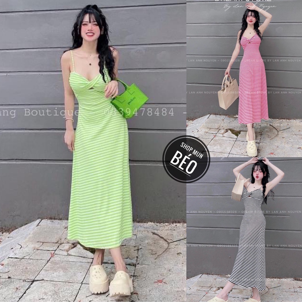 Đầm 2 Dây Sọc Ngang Xoắn Ngực Phom Dài Dáng Xoè Chất Thun Gân Thích Hợp Mặc Đi Làm Đi Chơi Phù Hợp Với Mọi Phong Cách