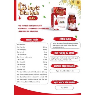 Viên uống BỔ HUYẾT ĐIỀU KINH BAK  Hỗ trợ điều hoà kinh nguyệt, giảm nguy cơ kinh nguyệt không đều.