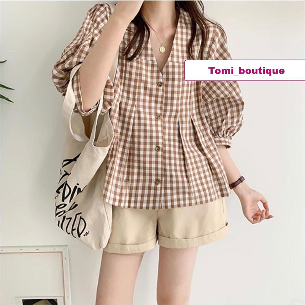 Sét đồ nữ áo kẻ caro + quần sooc freesize dưới 55kg - Tomi boutique