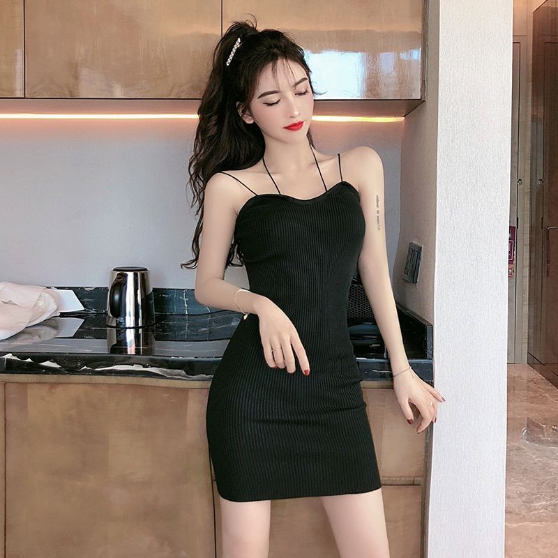 Ladies Sexy Wild Hanging Neck Black Split Back And Arms Slim Dress