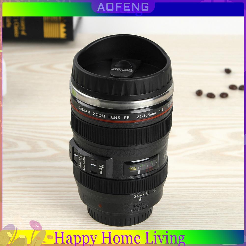 Cốc trà /cà phê giữ nhiệt có nắp bằng thép không gỉ 350ml hình dạng ống kính máy ảnh
