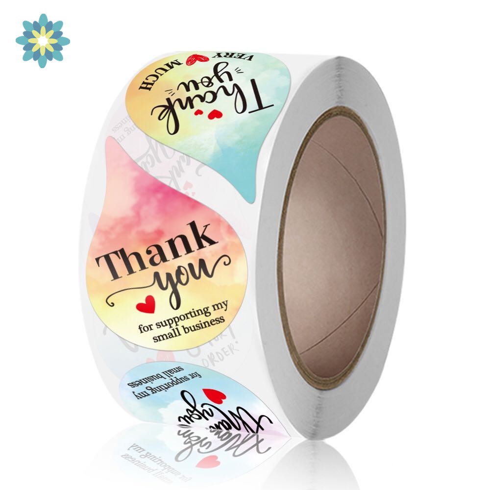 Cuộn 500 nhãn dán màu cầu vồng in chữ cảm ơn