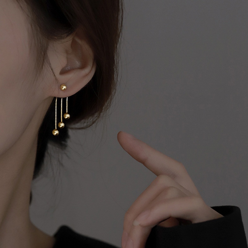 Khuyên Tai Kim Loại Dáng Dài Đính Hạt Tròn Phong Cách Retro