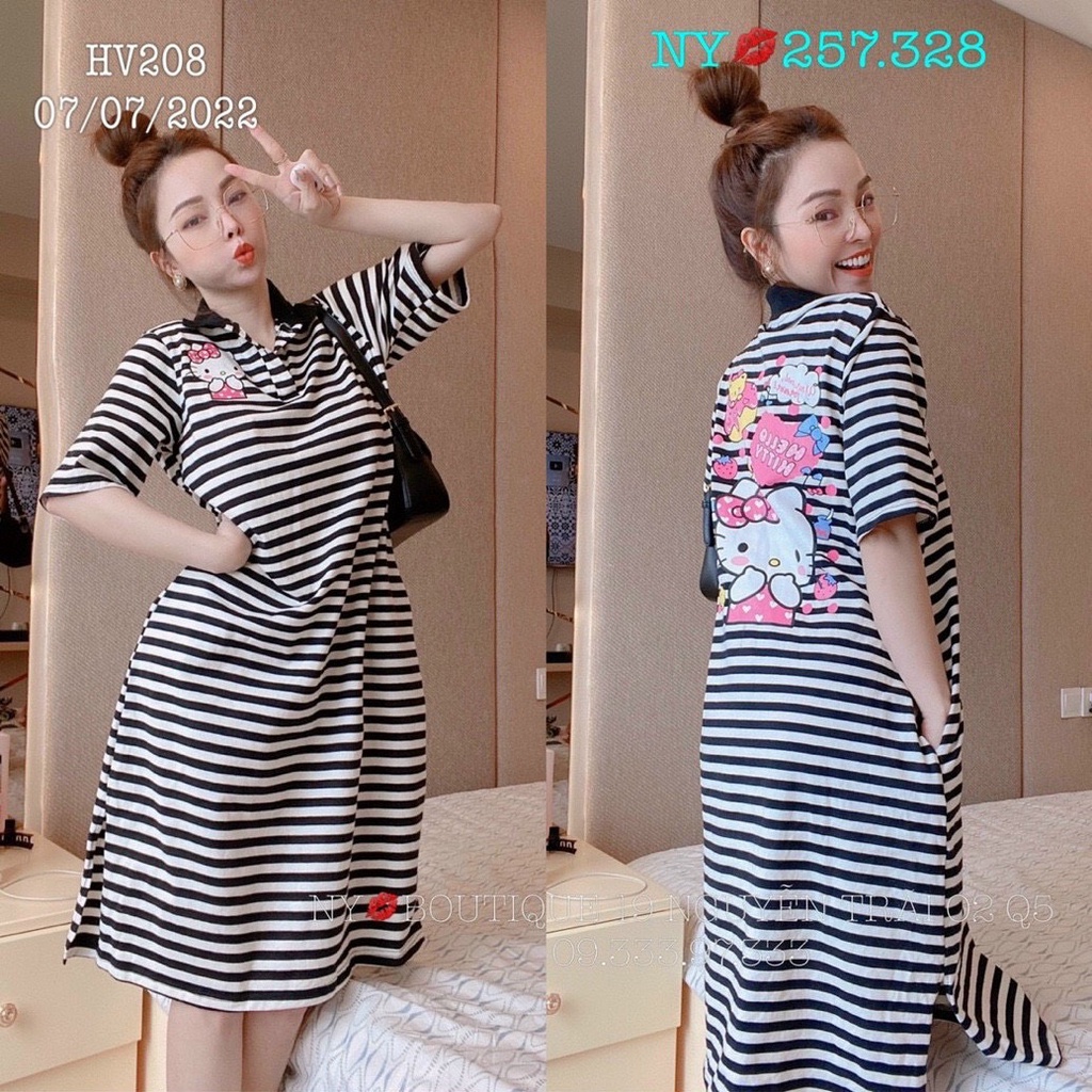 [10.10 Sale Freeship] Đầm polo vải sọc dáng suông hình hello kitty siêu đáng yêu xẻ tà, Váy polo dáng dài kẻ ngang