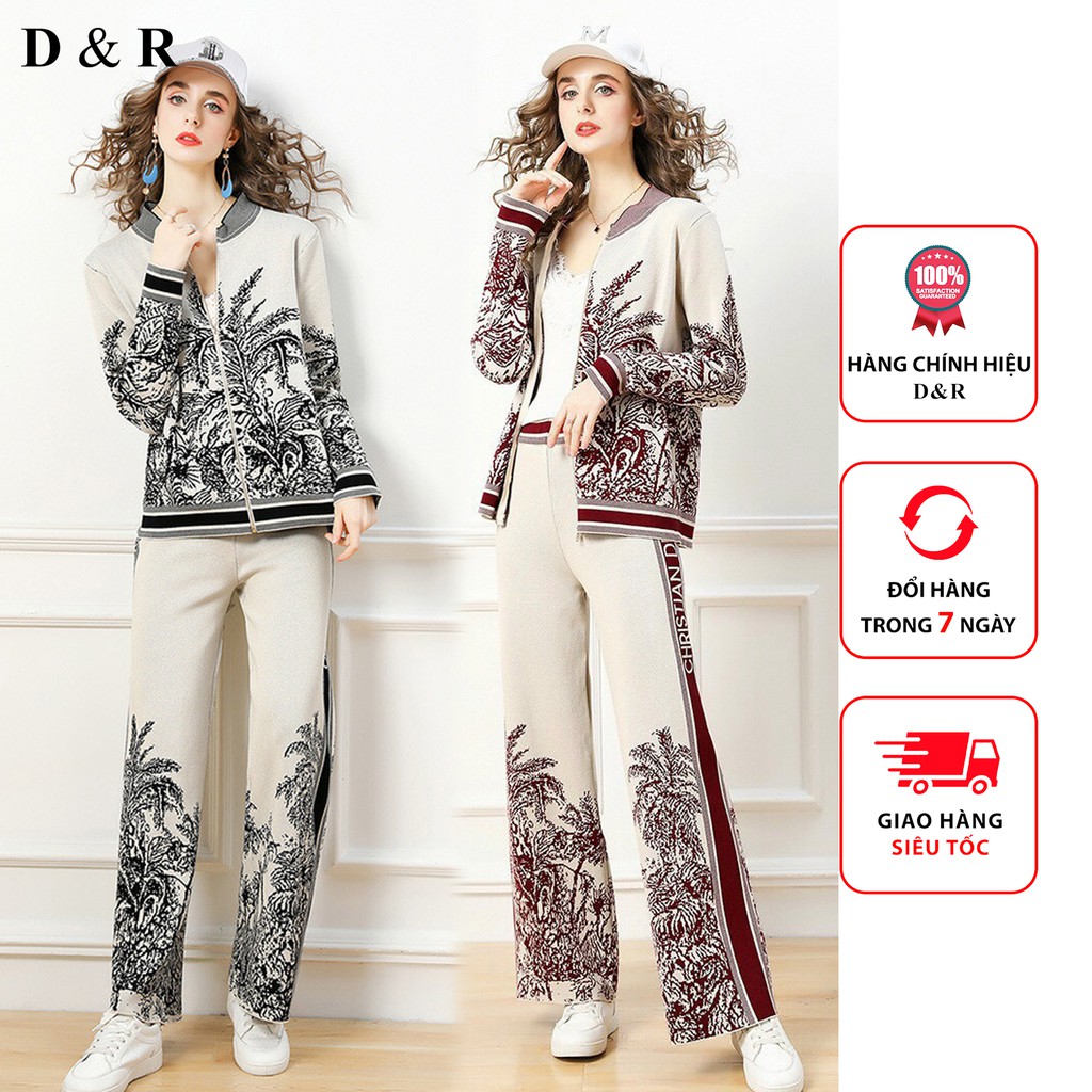 Set bộ len dệt kim thiết kế họa tiết dây kéo sang chảnh Quảng Châu cao cấp thương hiệu thời trang D&R L006