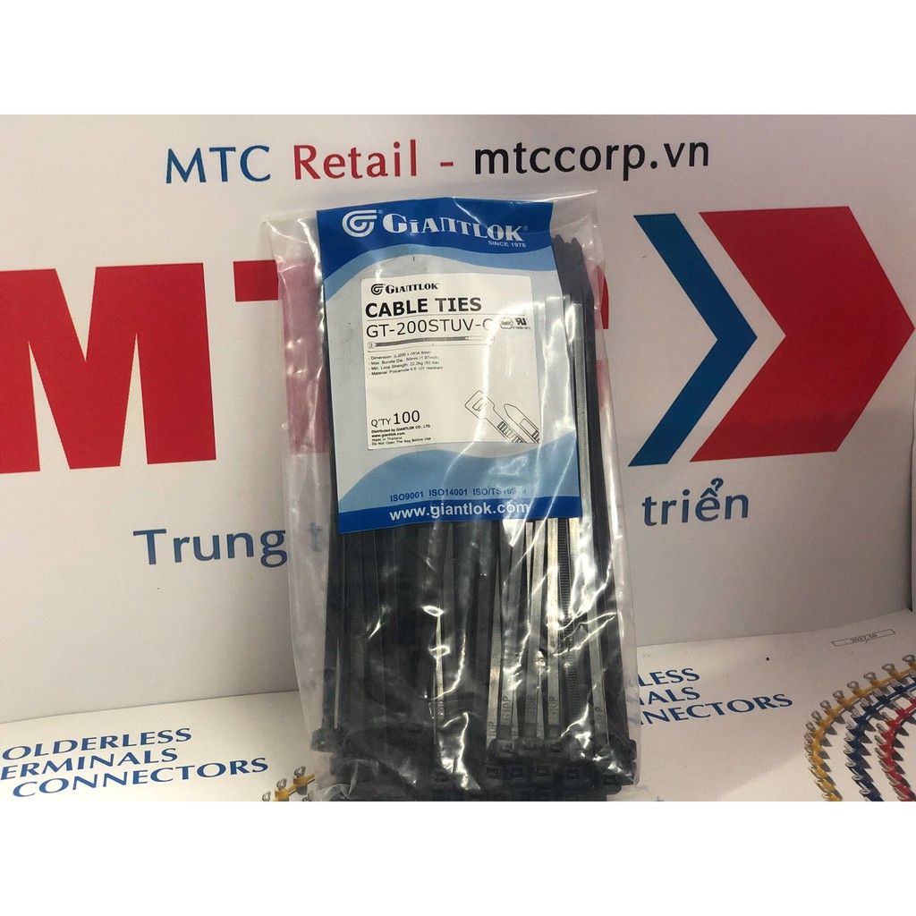 Túi 100 Dây thít, dây rút nhựa màu đen 200×4.8mm chống tia UV GT200STCBUV nhập khẩu Giantlok-Thái Lan