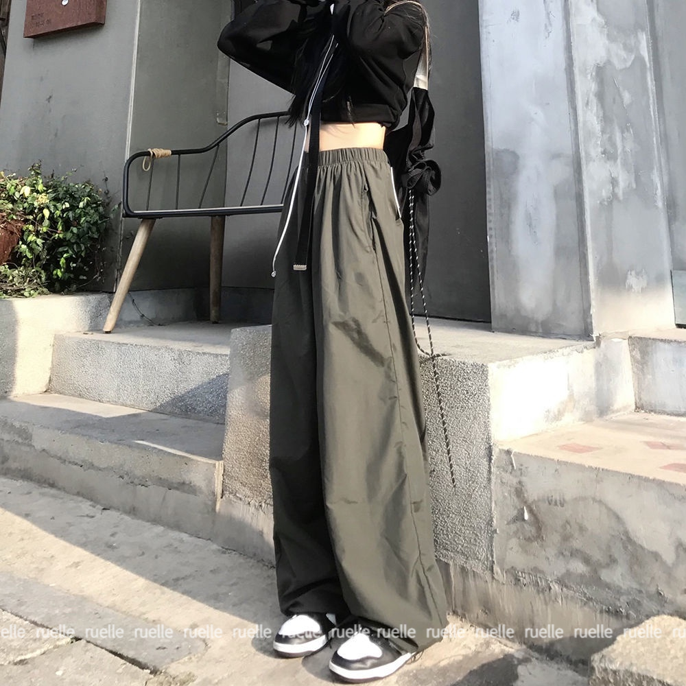 Quần Yếm Dáng Rộng Lưng Thun Màu Xanh Quân Đội Thời Trang Cá Tính Cho Nữ