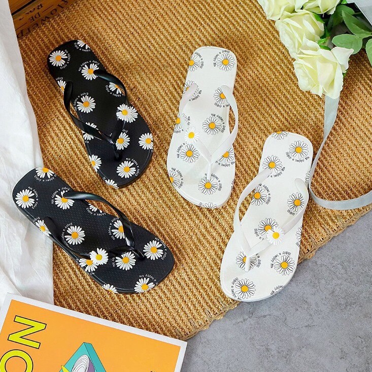 [Xả Sales Hè 2021} Dép Tông Dép Kẹp Xỏ Ngón Nền in Hoa Cúc (Tông Cúc 2 Màu) (đi tăng lên 1 size)