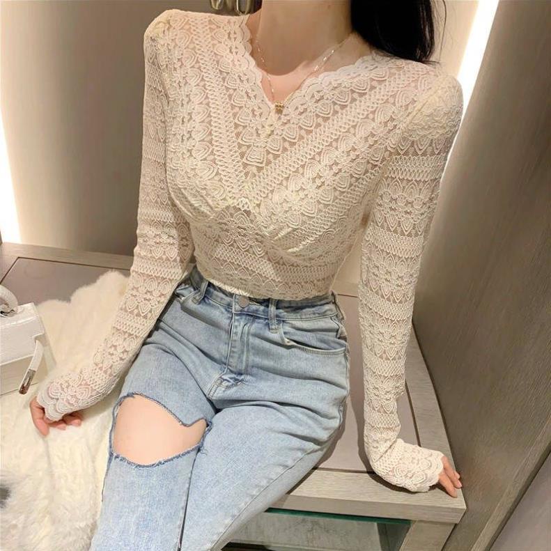 Siêu SALE Áo kiểu tay dài cổ chữ V phối ren dáng ôm co giãn thời trang mùa xuân 2020 thời thượng