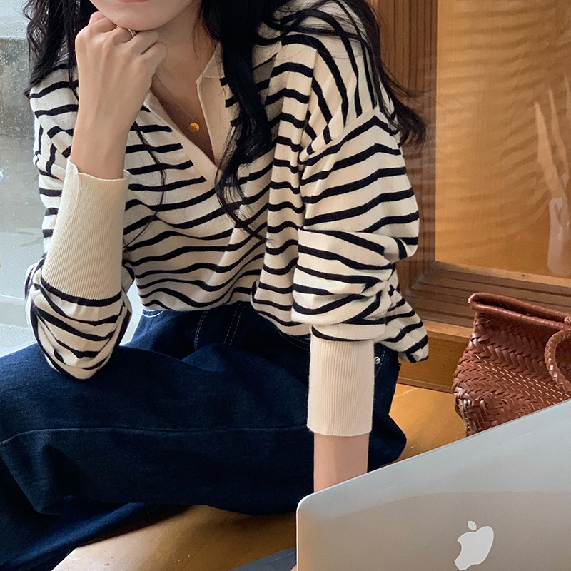 Áo Dệt Kim Tay Dài Cổ Polo Họa Tiết Kẻ Sọc Màu Sắc Thời Trang Cho Nữ