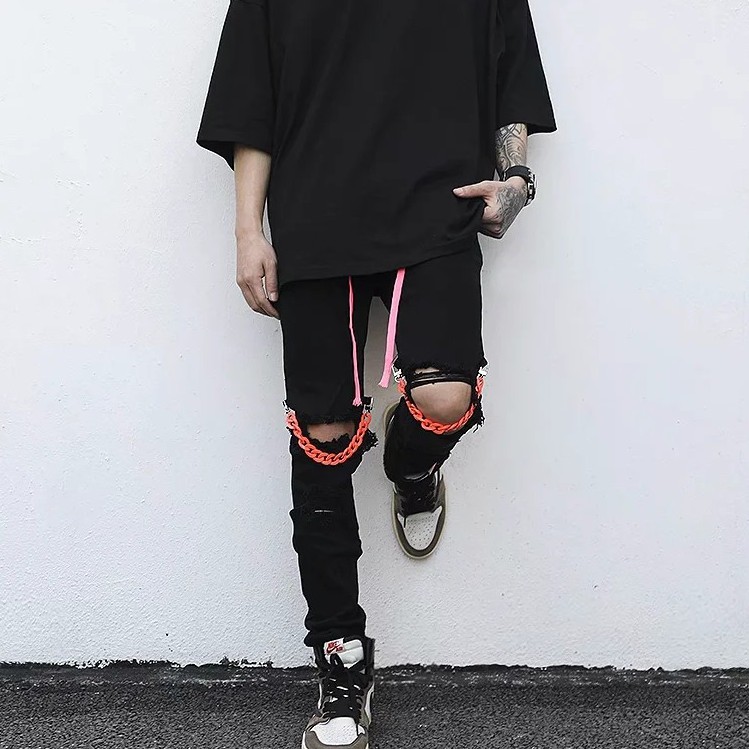 Quần jean dài dáng rộng màu đen phối dây rút phong cách hip hop Âu Mỹ thời trang cho nam và nữ size lớn M-4XL | BigBuy360 - bigbuy360.vn
