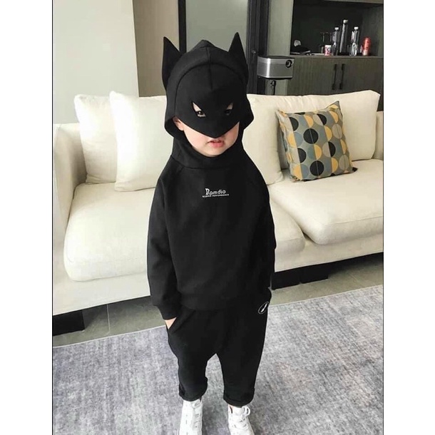 Bộ batman bé trai thu đông dài tay áo hooddie có mũ kiểu mặt nạ màu đen