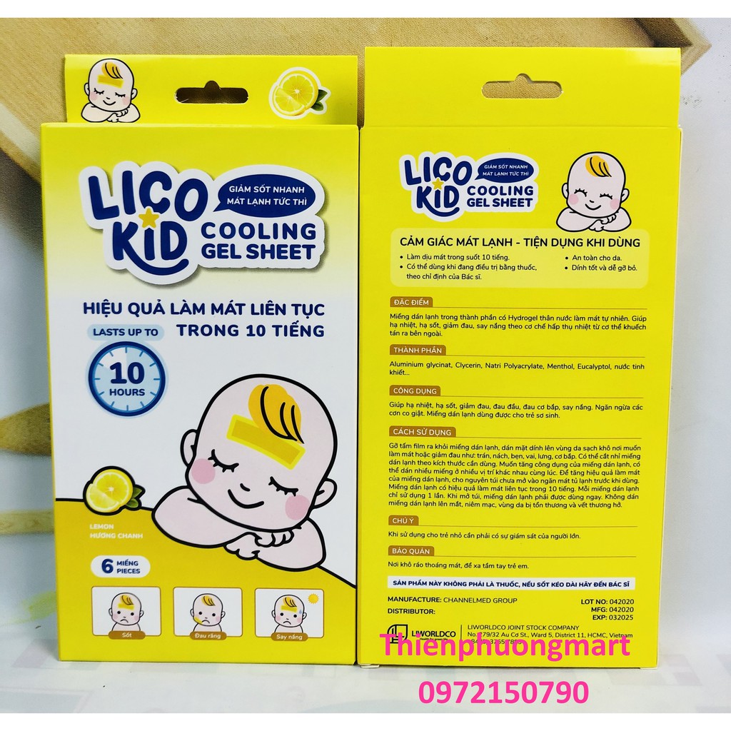 Miếng dán hạ số Lico kid giảm sốt nhanh, Mát lạnh tức thời - Dán hạ sốt hương chanh, hương táo, hương bạc hà 6 miếng/hộp