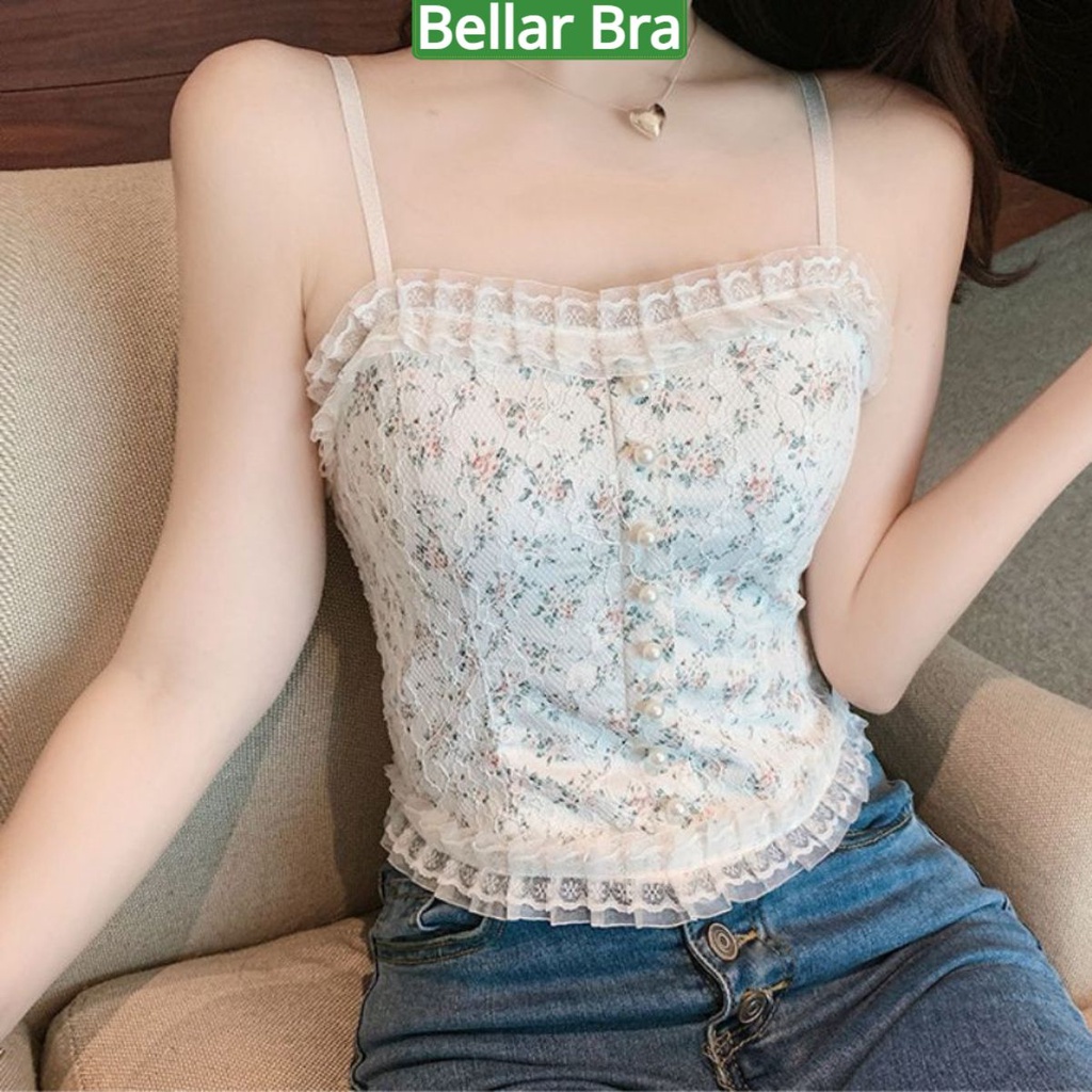 Áo Bra Nữ Croptop 2 Dây Ren Hoa Nhí Đính Khuy Cúc Ngọc Kèm Mút Đệm Ngực Siêu Xinh, Áo ngực ren Cao Cấp B3025