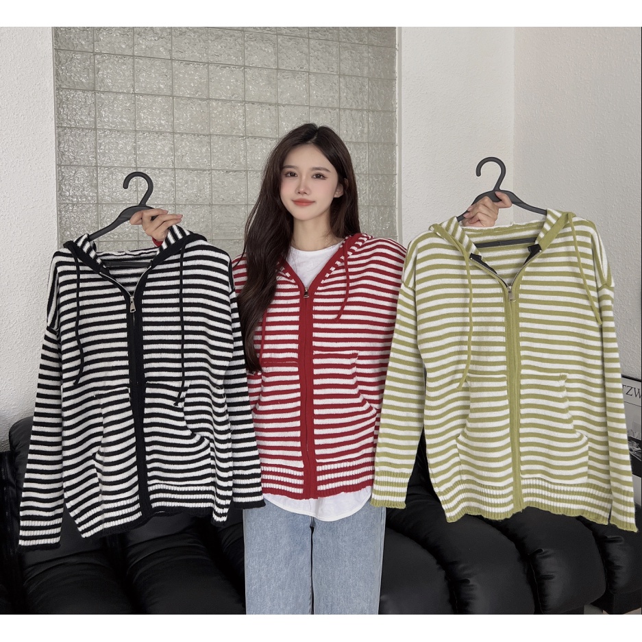 DUNEA Áo Khoác Cardigan Có Nón Họa Tiết Kẻ Sọc Màu Tương Phản Cho Nữ
