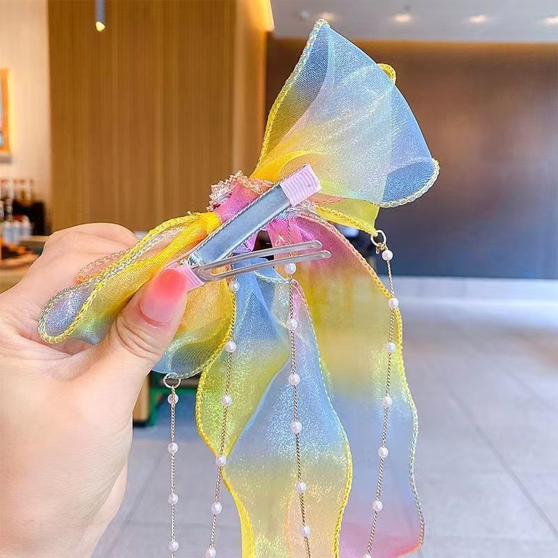 Kẹp Nơ Trẻ Em|Phụ Kiện Tóc Lưới Đính Ngọc Trai Nhân Tạo Màu Gradient Dành Cho Bé Gái