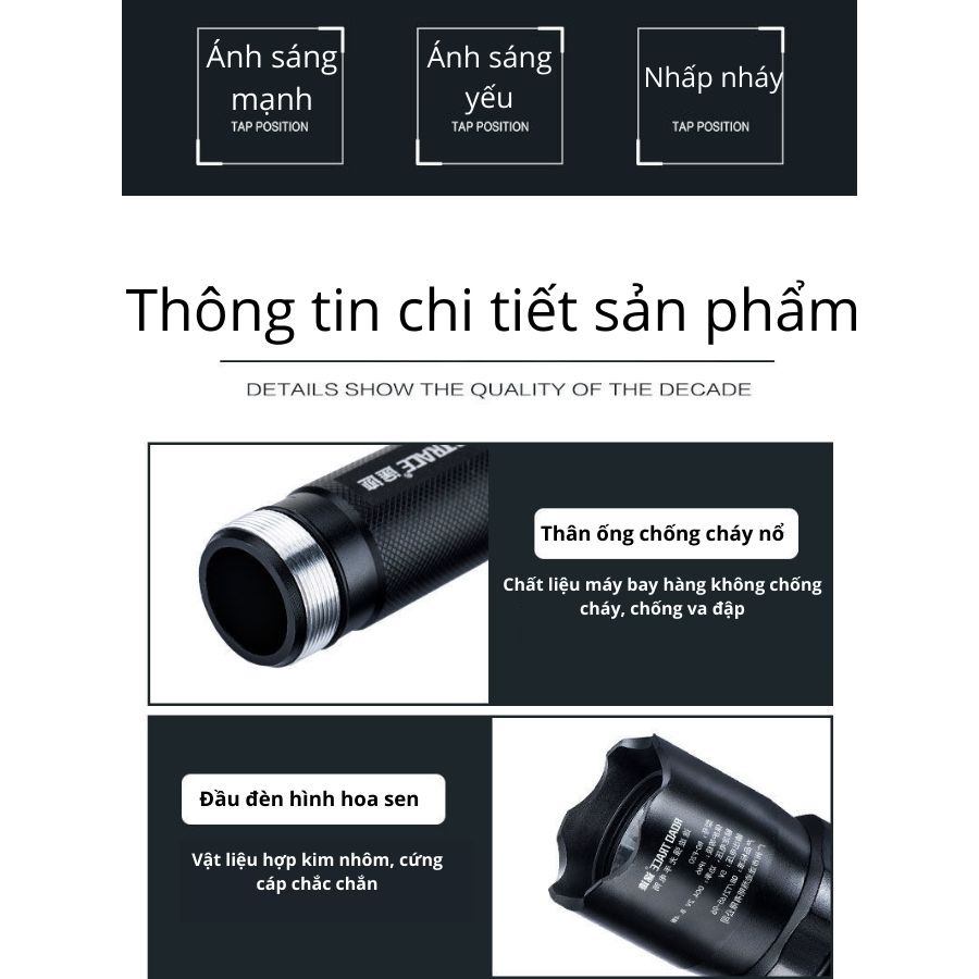 Đèn pin siêu sáng dã ngoại công suất cao chống thấm nước có thể sạc được tiện dụng khi đi dã ngoại