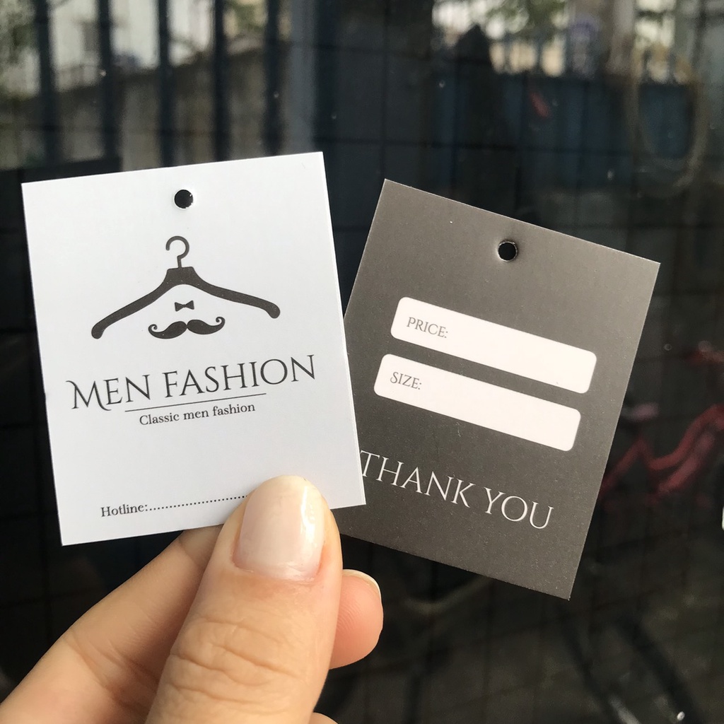 100 cái Tag Quần Áo, Mác Treo Quần Áo, Thẻ Treo Thời Trang nam, Men fashion, Size 4x5.4cm Có Đục Lỗ , Chất Liệu C300