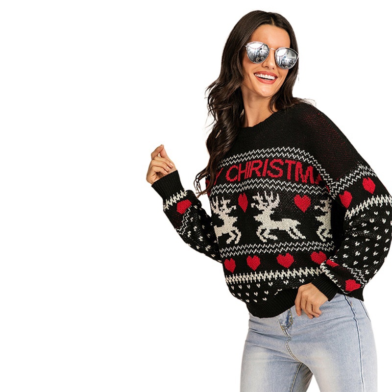 Áo Sweater Dệt Kim Tay Dài In Hình Tuần Lộc Giáng Sinh Dễ Thương Cho Nữ