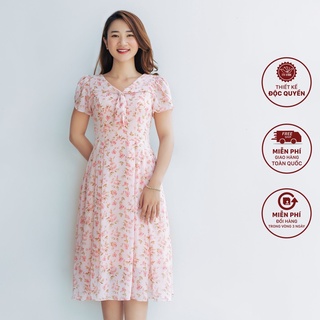 Đầm trung niên cao cấp dáng xòe thiết kế cổ tim cột nơ màu hồng hoa - TTV1007