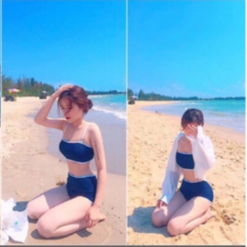 Bikini đồ bơi đi biển 2 mảnh áo ống xanh đen KONKUN MS14