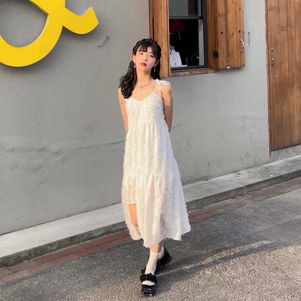 Váy Đầm Hai Dây Hoa Xù Dáng Dài Phong Cách Bánh Bèo Tiểu Thư, Váy Đầm Babydoll dáng dài