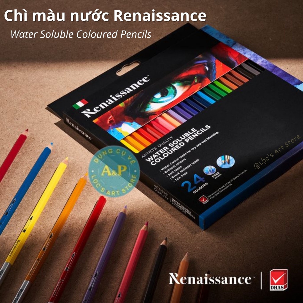 [Lộc'sArtStore] Bộ Bút chì màu nước Renaissance Water soluble coloured pencils - tặng kèm cọ [12/24/36 Màu]
