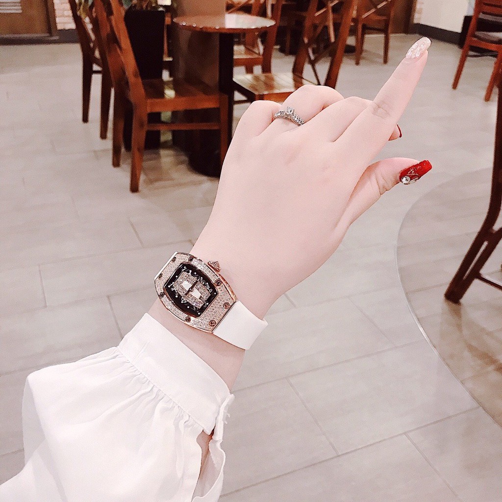 Đồng Hồ Nữ Huboler Hanboro Dây Silicon Trắng Mặt Đính Đá Rose Gold 31x42mm Chính Hãng