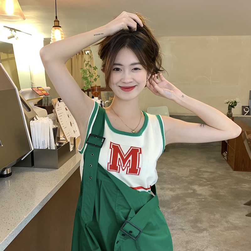 Porozi  Áo croptop hai dây dệt kim  sát nách in chữ thời trang Hàn Quốc cho nữ