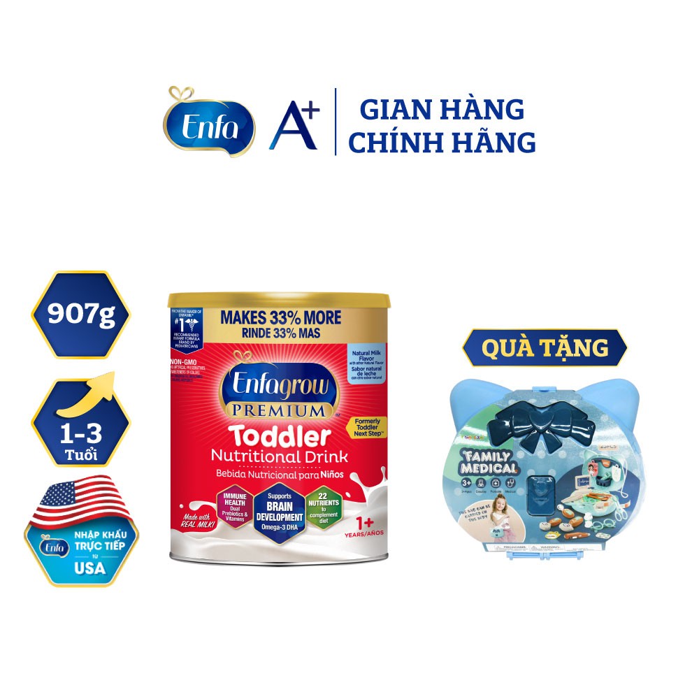 [Tặng Đồ Chơi Bác Sĩ] Bộ 1 lon Sữa Bột Enfagrow Premium Toddler Hương Sữa Tự Nhiên - 907g