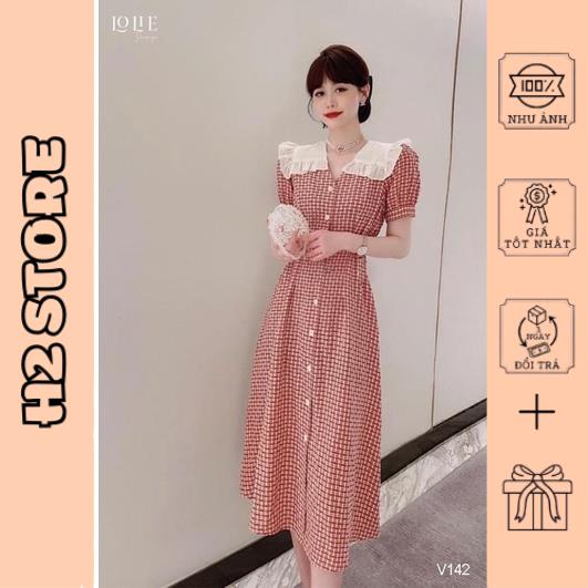 Váy kẻ phối bèo cổ chun eo vintage