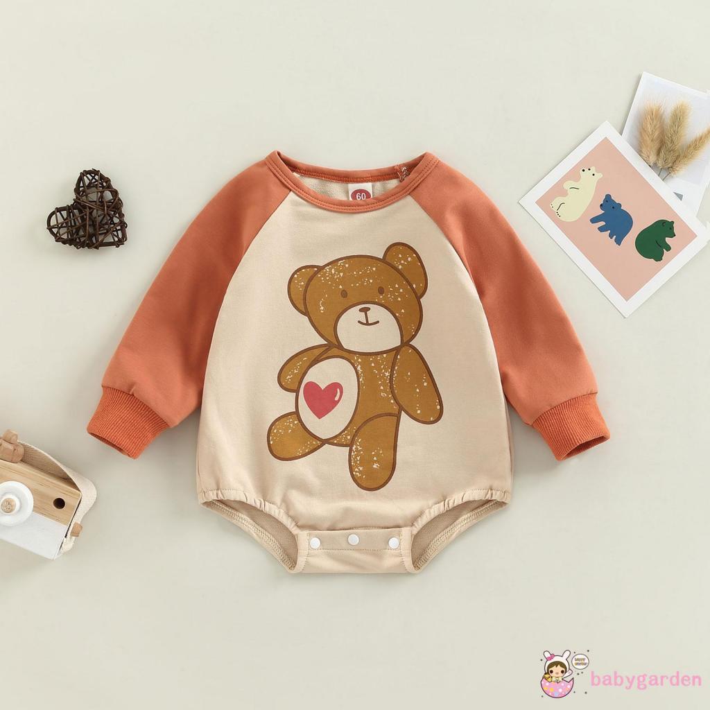 Áo Liền Quần Tay Dài Cổ Tròn In Hình Gấu Hoạt Hình Dành Cho Bé 0-18 Tháng Tuổi