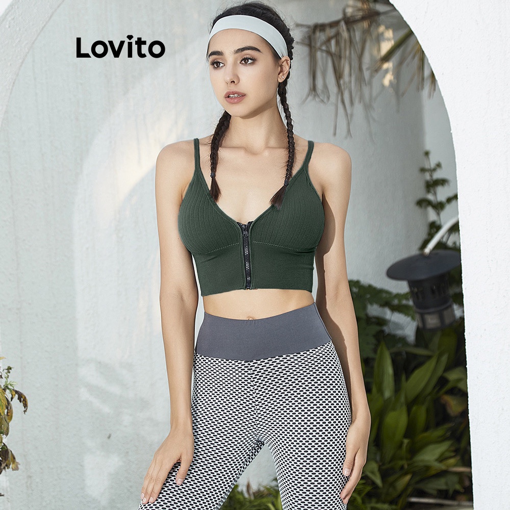 Áo ngực thể thao Lovito màu trơn có khóa kéo dành cho nữ(Black/Gray/Blue/Beige/Green/White) | BigBuy360 - bigbuy360.vn