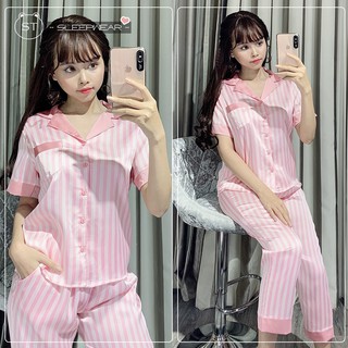 Đồ bộ pịama lụa tay ngắn quần dài (sọc trơn)