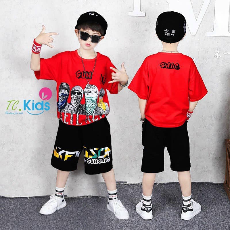 Bộ bé trai phong cách hip hop thun cotton xinh mát 4 màu phối như hình