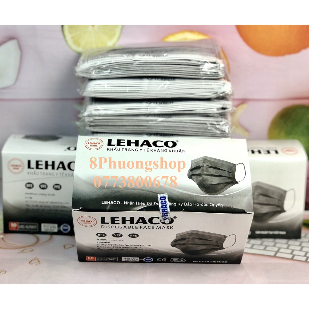 Khẩu trang Lehaco màu Xám 4 lớp Kháng Khuẩn 50 cái/ hộp - Khẩu Trang y tế Lehaco Khẳng Khuẩn