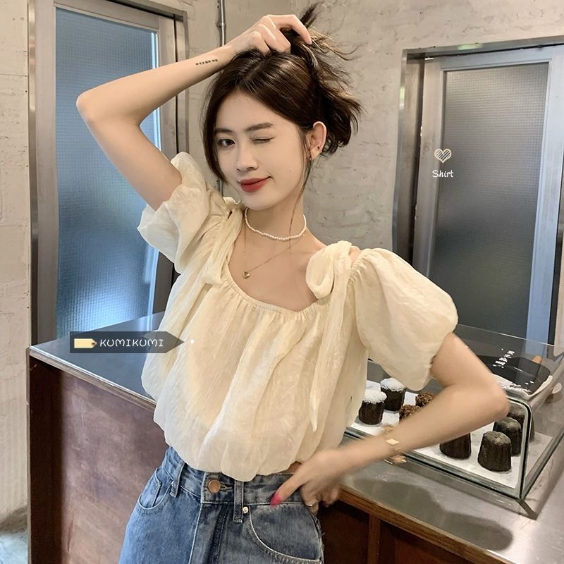 Áo Kiểu Tay Ngắn Trễ Vai Màu Trơn Phong Cách Hàn Quốc Thời Trang Mùa Hè Hàng Mới 2022