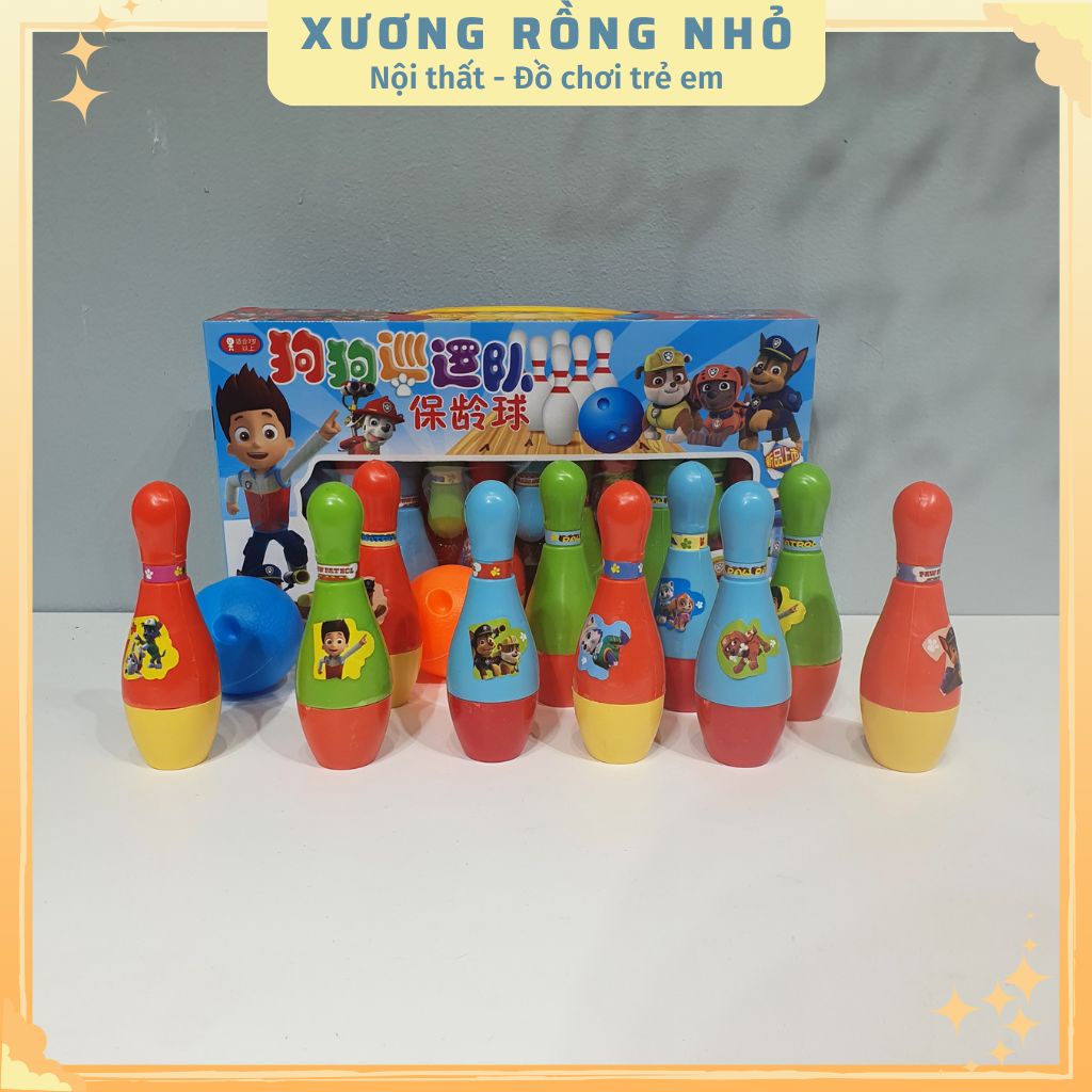 Bộ đồ chơi Bolling chủ đề chó cứu hộ cho bé gồm 10 chai bolling và 2 bóng ném