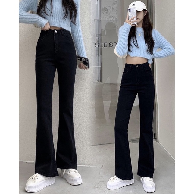 Quần jeans nữ ống loe màu trắng đen dáng dài cạp cao phong cách Ulzzang Hàn xu hướng thời trang cá tính sành điệu loại 1